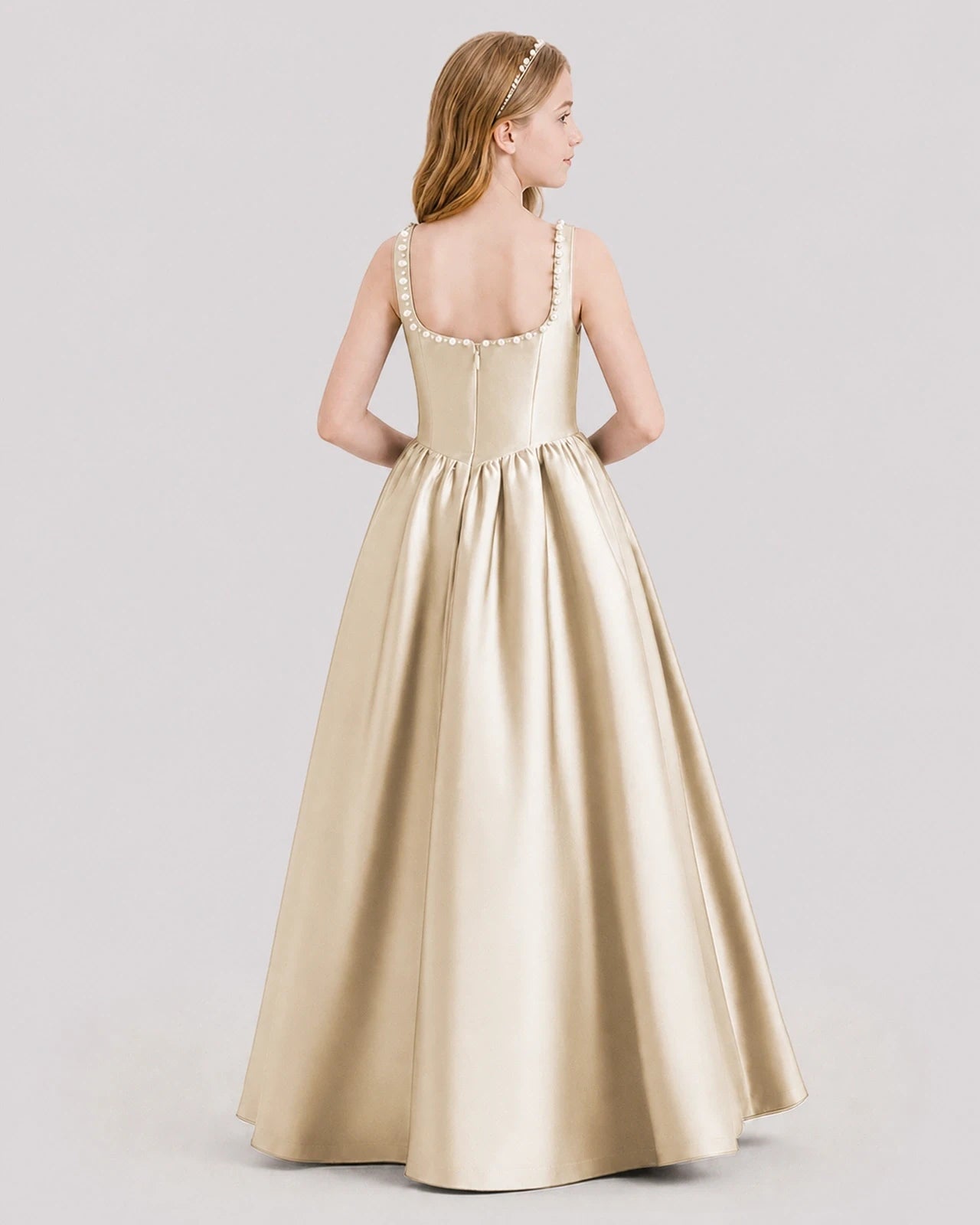 Dideyttawl Pearl Trim Square Neck Satin Junior Bridesmaid Dress