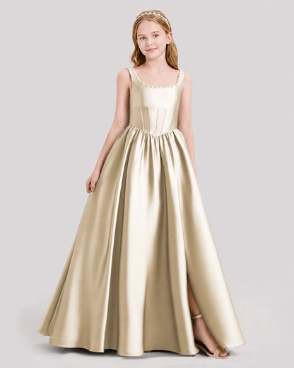 Dideyttawl Pearl Trim Square Neck Satin Junior Bridesmaid Dress