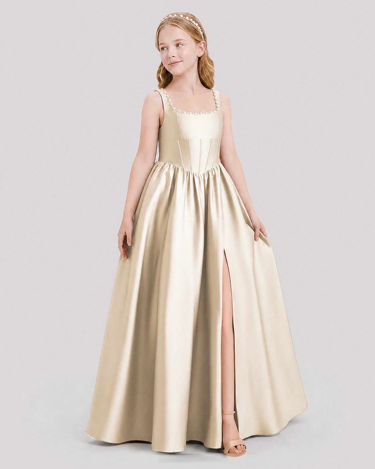 Dideyttawl Pearl Trim Square Neck Satin Junior Bridesmaid Dress