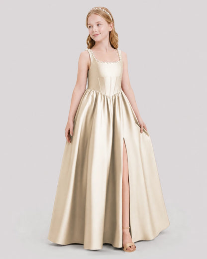 Dideyttawl Pearl Trim Square Neck Satin Junior Bridesmaid Dress