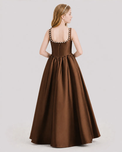 Dideyttawl Pearl Trim Square Neck Satin Junior Bridesmaid Dress
