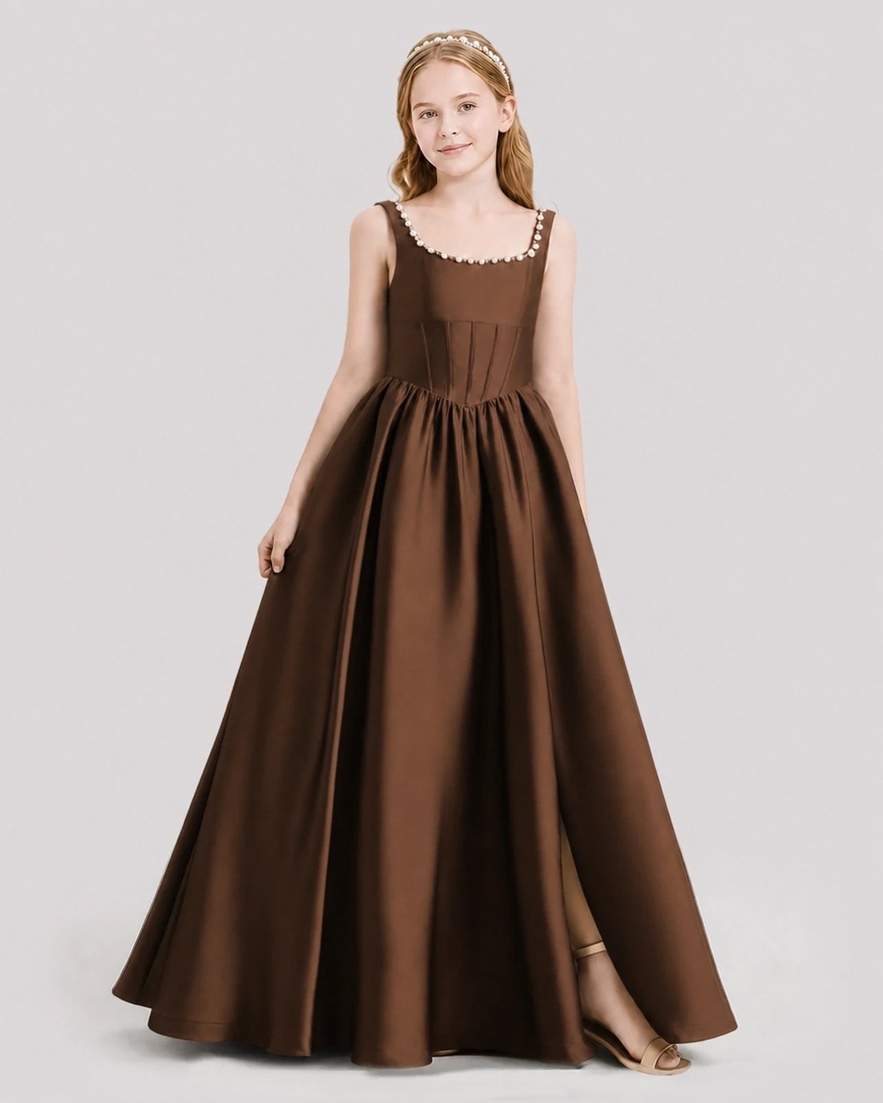 Dideyttawl Pearl Trim Square Neck Satin Junior Bridesmaid Dress