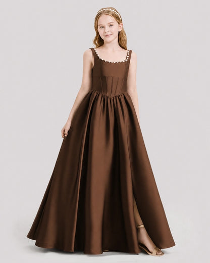 Dideyttawl Pearl Trim Square Neck Satin Junior Bridesmaid Dress