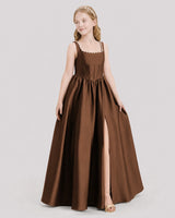 Chocolate satin pearl-trimmed A-line junior bridesmaid dress Side View