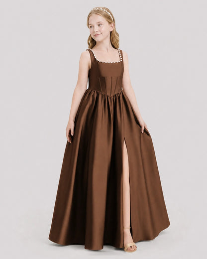Dideyttawl Pearl Trim Square Neck Satin Junior Bridesmaid Dress