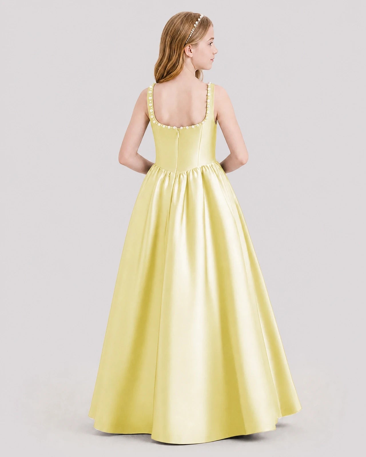 Dideyttawl Pearl Trim Square Neck Satin Junior Bridesmaid Dress