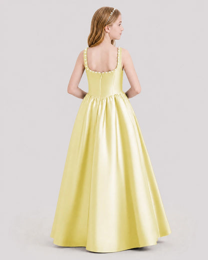 Dideyttawl Pearl Trim Square Neck Satin Junior Bridesmaid Dress