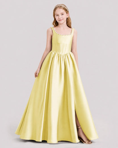 Dideyttawl Pearl Trim Square Neck Satin Junior Bridesmaid Dress