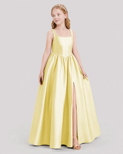Dideyttawl Pearl Trim Square Neck Satin Junior Bridesmaid Dress