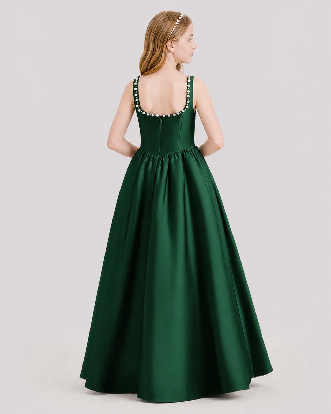 Dideyttawl Pearl Trim Square Neck Satin Junior Bridesmaid Dress
