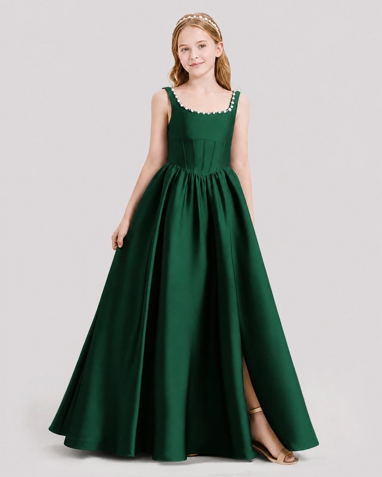 Dideyttawl Pearl Trim Square Neck Satin Junior Bridesmaid Dress