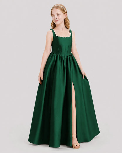 Dideyttawl Pearl Trim Square Neck Satin Junior Bridesmaid Dress