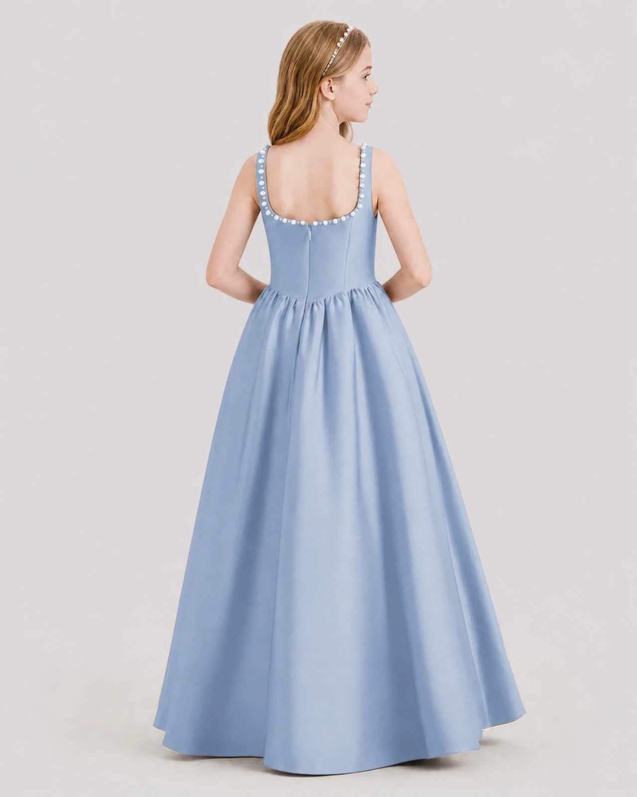 Dideyttawl Pearl Trim Square Neck Satin Junior Bridesmaid Dress