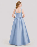Dusty Blue Satin Square Neckline Junior Bridesmaid Dresses Back View
