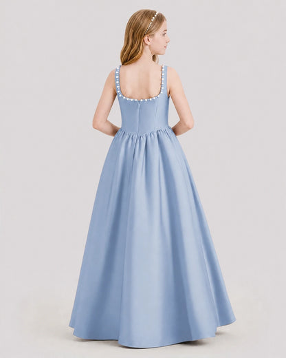 Dideyttawl Pearl Trim Square Neck Satin Junior Bridesmaid Dress