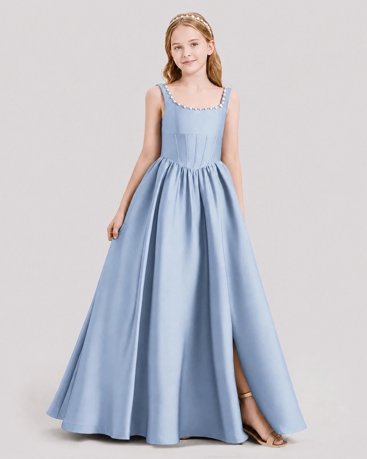 Dideyttawl Pearl Trim Square Neck Satin Junior Bridesmaid Dress