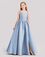 Dusty Blue Satin A-Line Junior Bridesmaid Dresses Front View