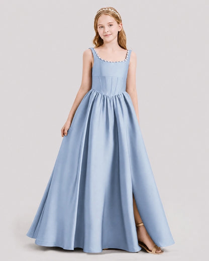 Dideyttawl Pearl Trim Square Neck Satin Junior Bridesmaid Dress