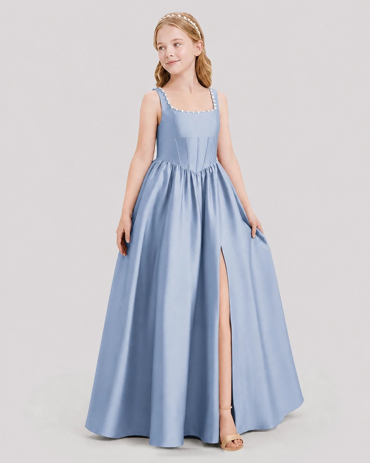 Dideyttawl Pearl Trim Square Neck Satin Junior Bridesmaid Dress