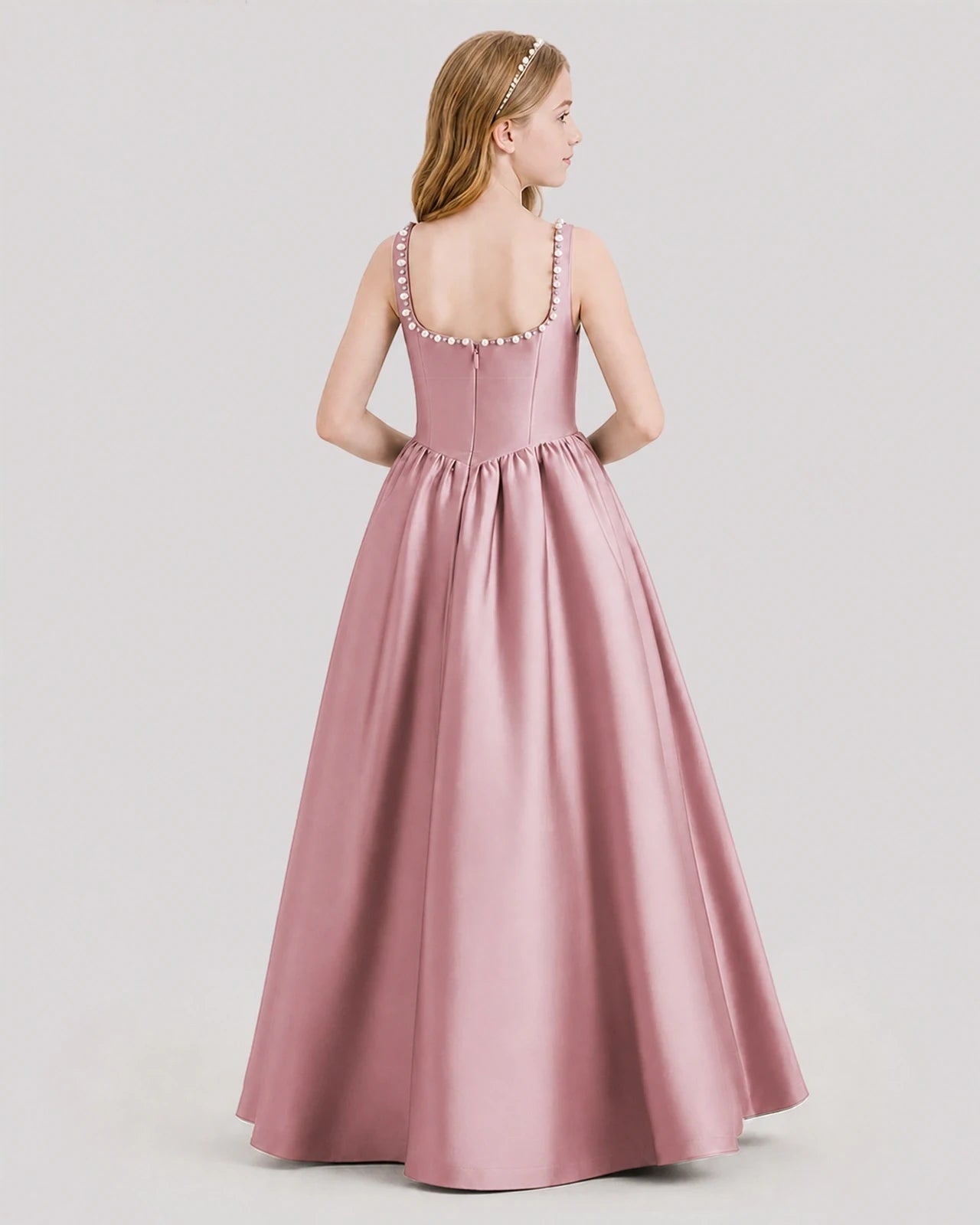 Dideyttawl Pearl Trim Square Neck Satin Junior Bridesmaid Dress