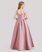 Dusty Rose Satin Square Neck A-Line Junior Bridesmaid Dresses Back View