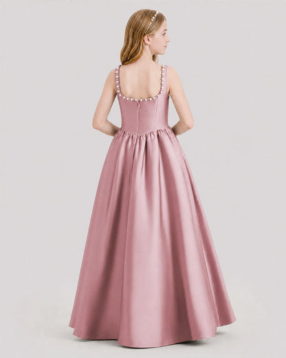 Dideyttawl Pearl Trim Square Neck Satin Junior Bridesmaid Dress