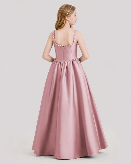 Dusty Rose Satin Square Neck A-Line Junior Bridesmaid Dresses Back View