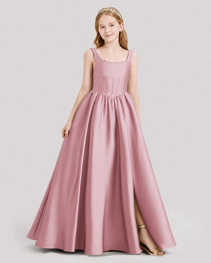 Dideyttawl Pearl Trim Square Neck Satin Junior Bridesmaid Dress