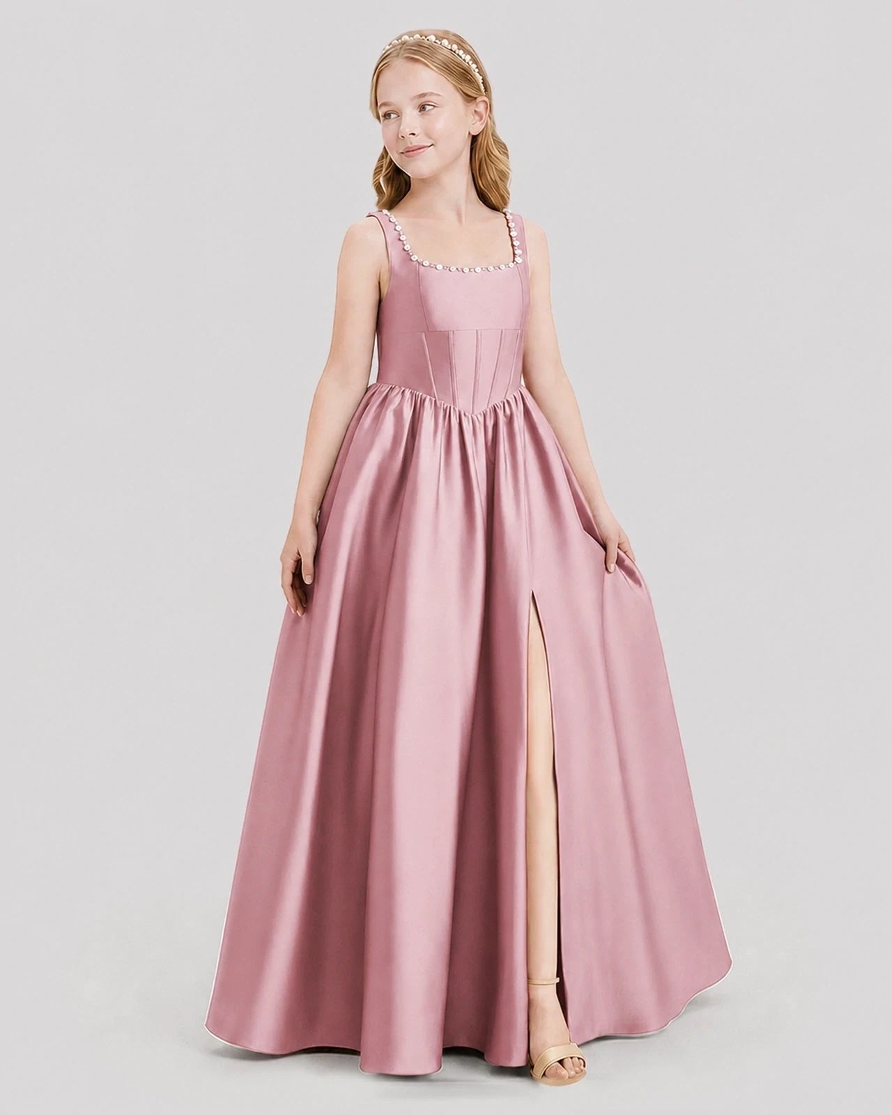Dideyttawl Pearl Trim Square Neck Satin Junior Bridesmaid Dress