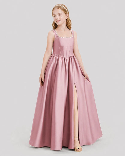 Dideyttawl Pearl Trim Square Neck Satin Junior Bridesmaid Dress