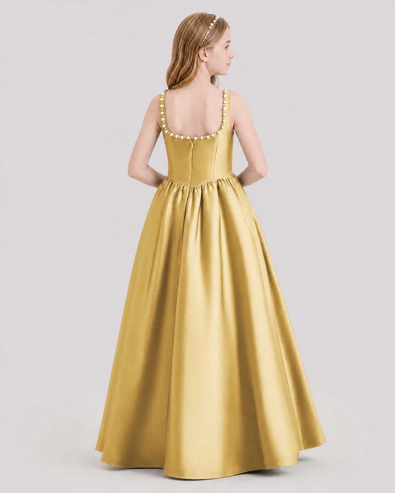 Dideyttawl Pearl Trim Square Neck Satin Junior Bridesmaid Dress