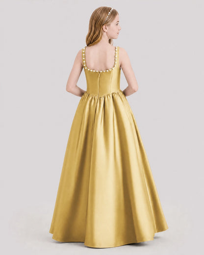 Dideyttawl Pearl Trim Square Neck Satin Junior Bridesmaid Dress