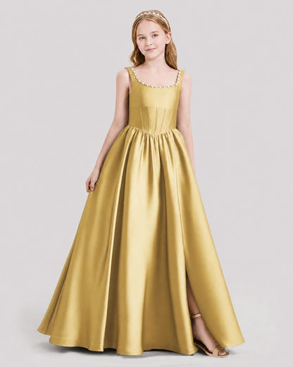 Dideyttawl Pearl Trim Square Neck Satin Junior Bridesmaid Dress