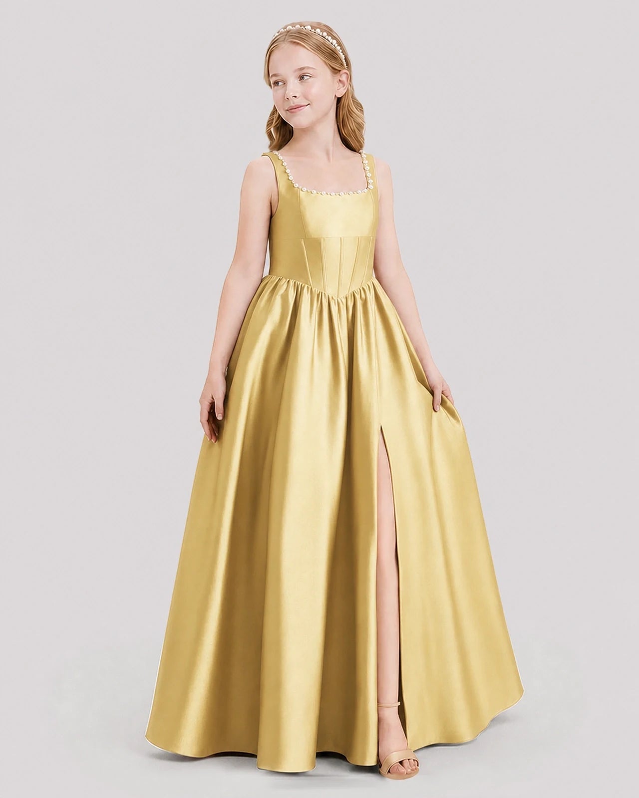 Dideyttawl Pearl Trim Square Neck Satin Junior Bridesmaid Dress