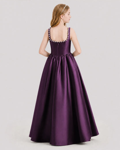 Dideyttawl Pearl Trim Square Neck Satin Junior Bridesmaid Dress