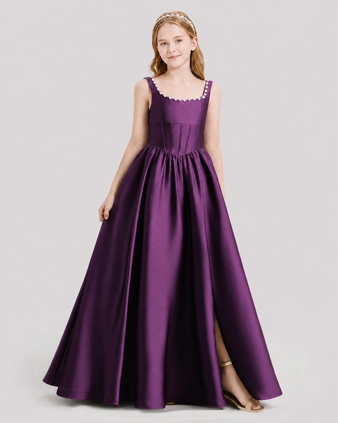 Dideyttawl Pearl Trim Square Neck Satin Junior Bridesmaid Dress
