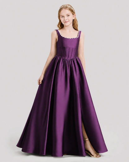 Dideyttawl Pearl Trim Square Neck Satin Junior Bridesmaid Dress