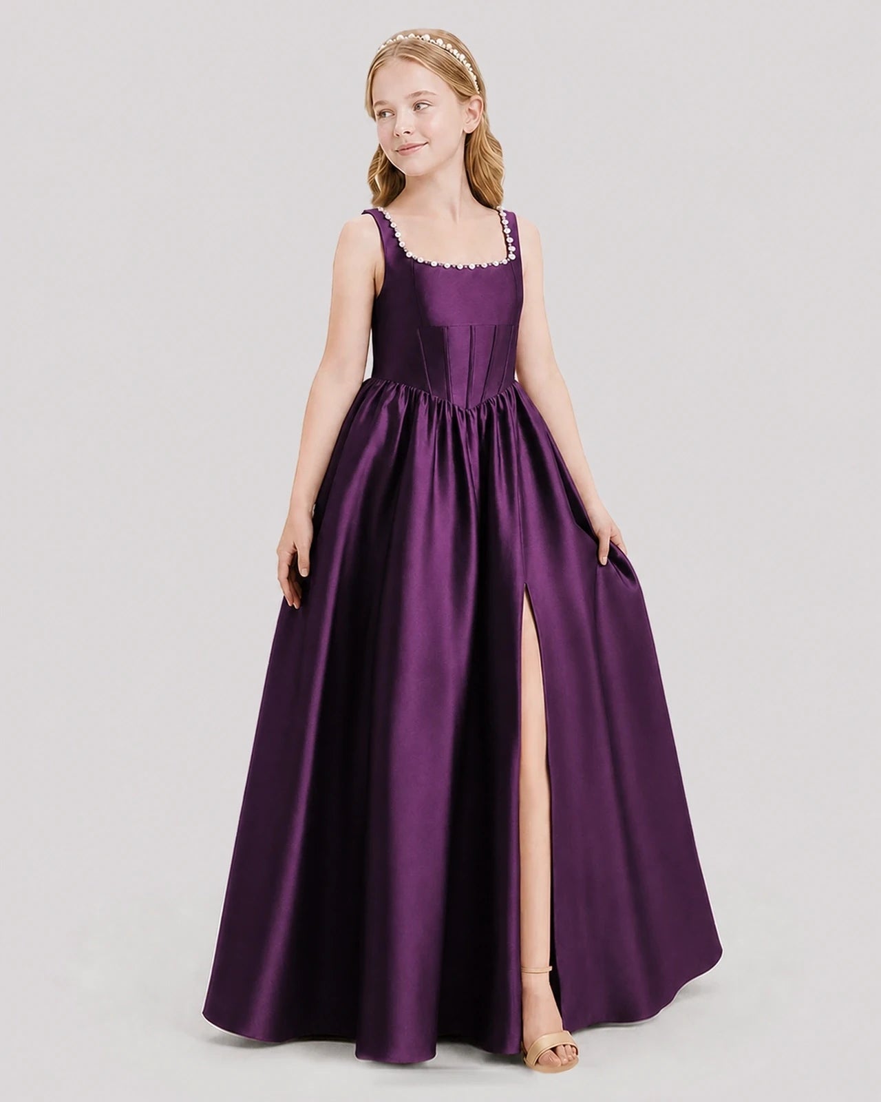 Dideyttawl Pearl Trim Square Neck Satin Junior Bridesmaid Dress