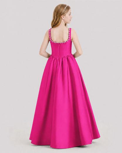 Dideyttawl Pearl Trim Square Neck Satin Junior Bridesmaid Dress