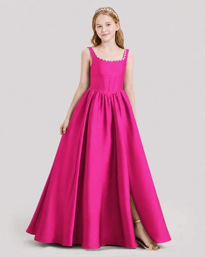 Dideyttawl Pearl Trim Square Neck Satin Junior Bridesmaid Dress