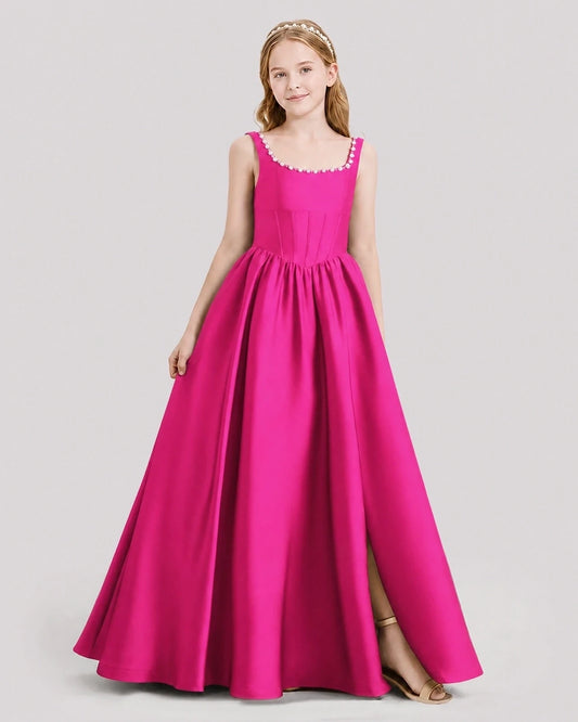 Hot Pink Satin A-Line Junior Bridesmaid Dresses Front View