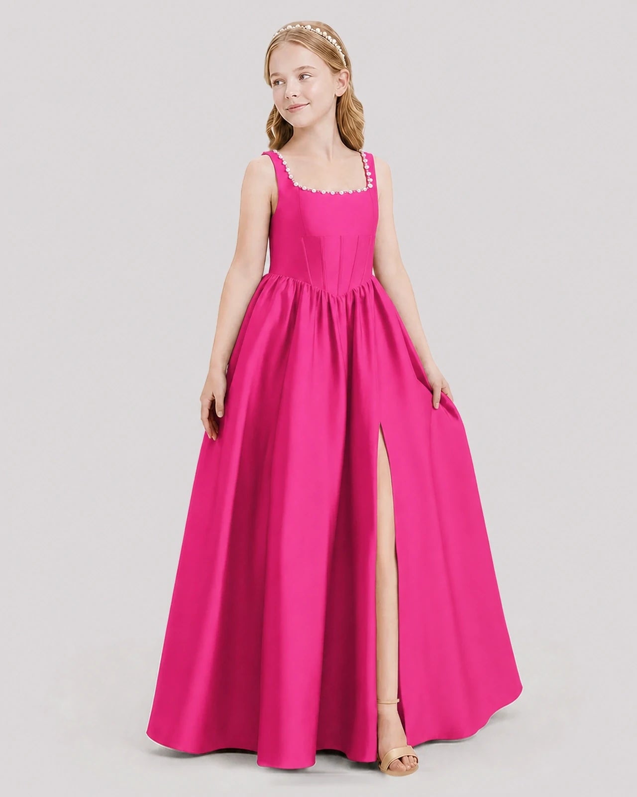 Dideyttawl Pearl Trim Square Neck Satin Junior Bridesmaid Dress