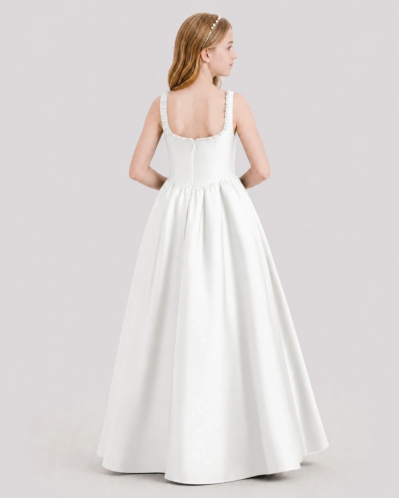 Dideyttawl Pearl Trim Square Neck Satin Junior Bridesmaid Dress