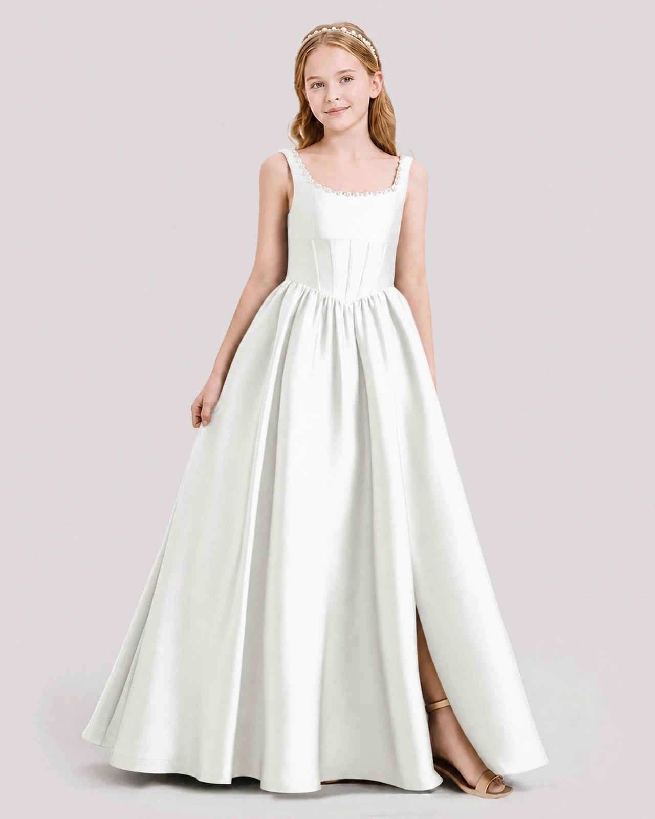 Dideyttawl Pearl Trim Square Neck Satin Junior Bridesmaid Dress