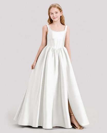 Dideyttawl Pearl Trim Square Neck Satin Junior Bridesmaid Dress