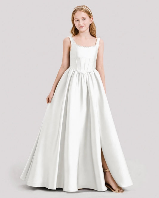 Ivory Satin A-Line Junior Bridesmaid Dresses Front View