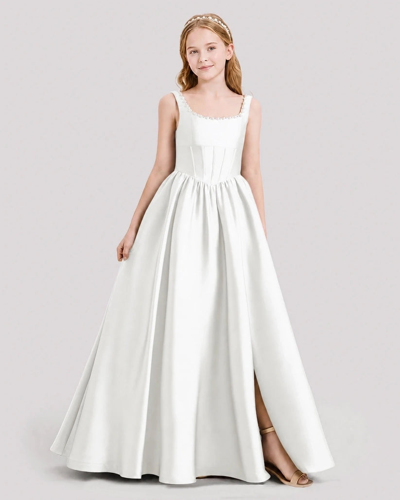 Ivory Satin A-Line Junior Bridesmaid Dresses Front View