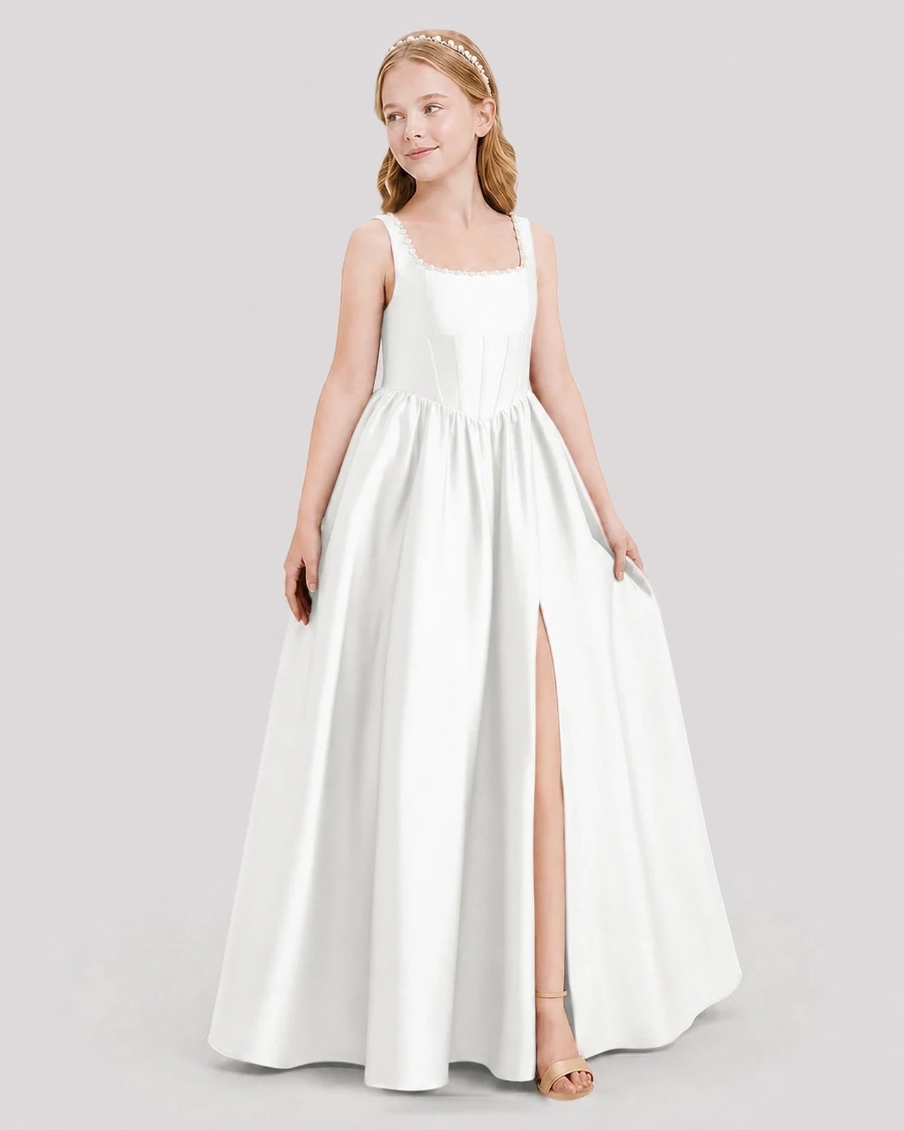 Dideyttawl Pearl Trim Square Neck Satin Junior Bridesmaid Dress