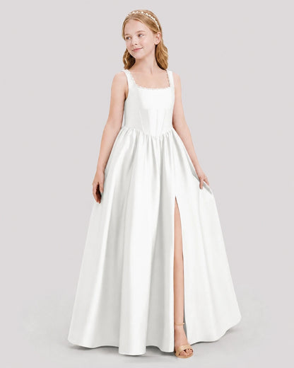 Dideyttawl Pearl Trim Square Neck Satin Junior Bridesmaid Dress