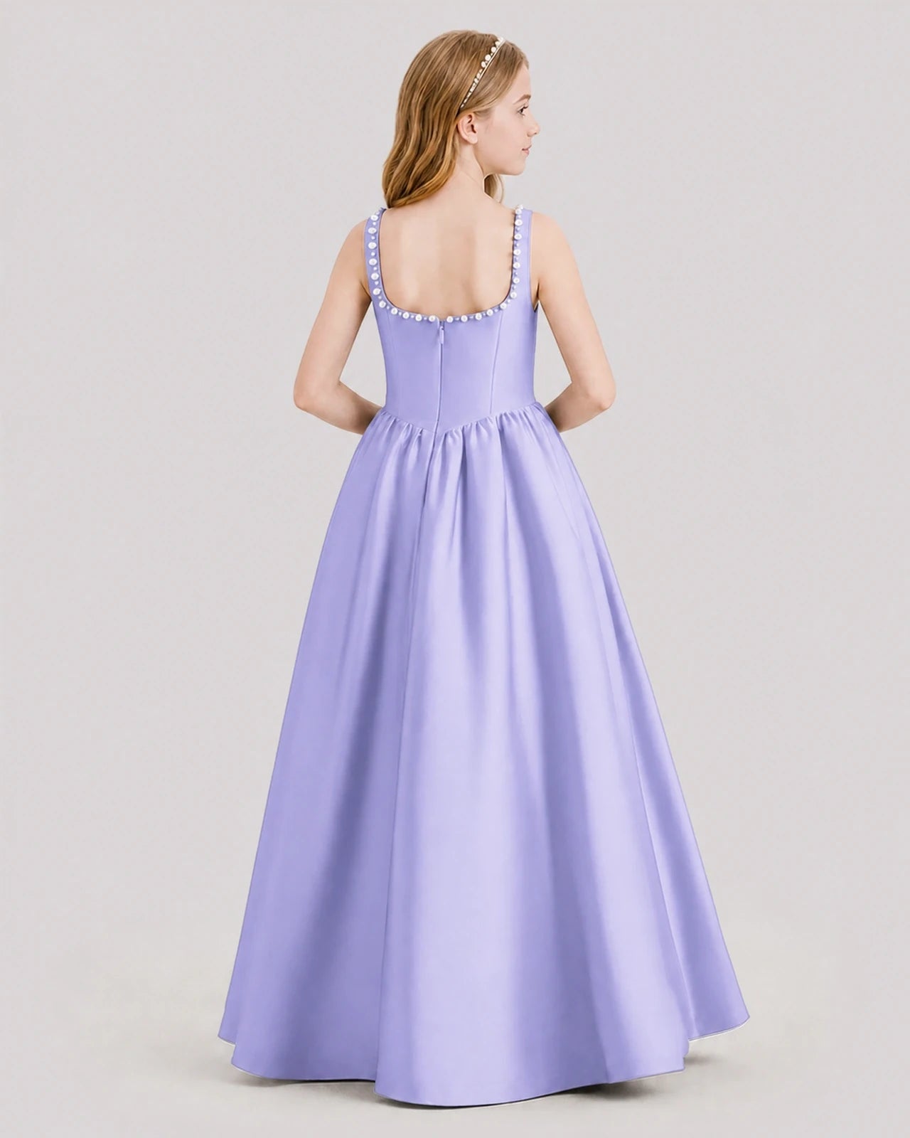 Dideyttawl Pearl Trim Square Neck Satin Junior Bridesmaid Dress